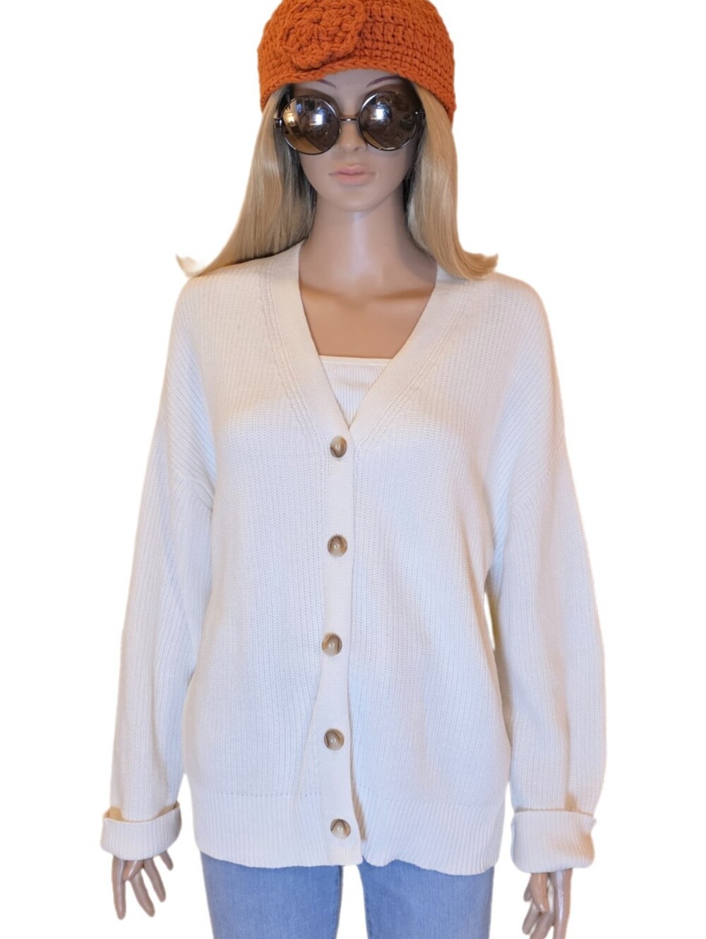 Hudson Los Angeles Cream Ribbed Cotton V-Neck Button-Front Cardigan Sweater Lg